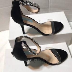 New! Betsy Johnson fabric coated and non-leather one strap heels with crystals